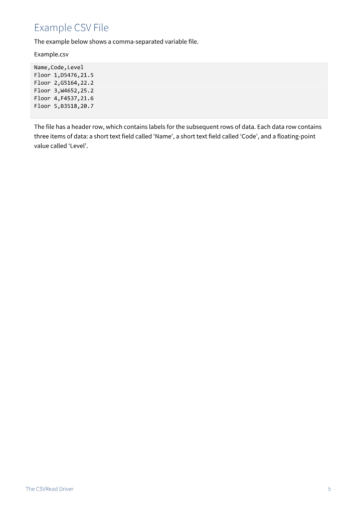 Preview thumbnail of page 5 of the CSVRead Driver Manual PDF document.